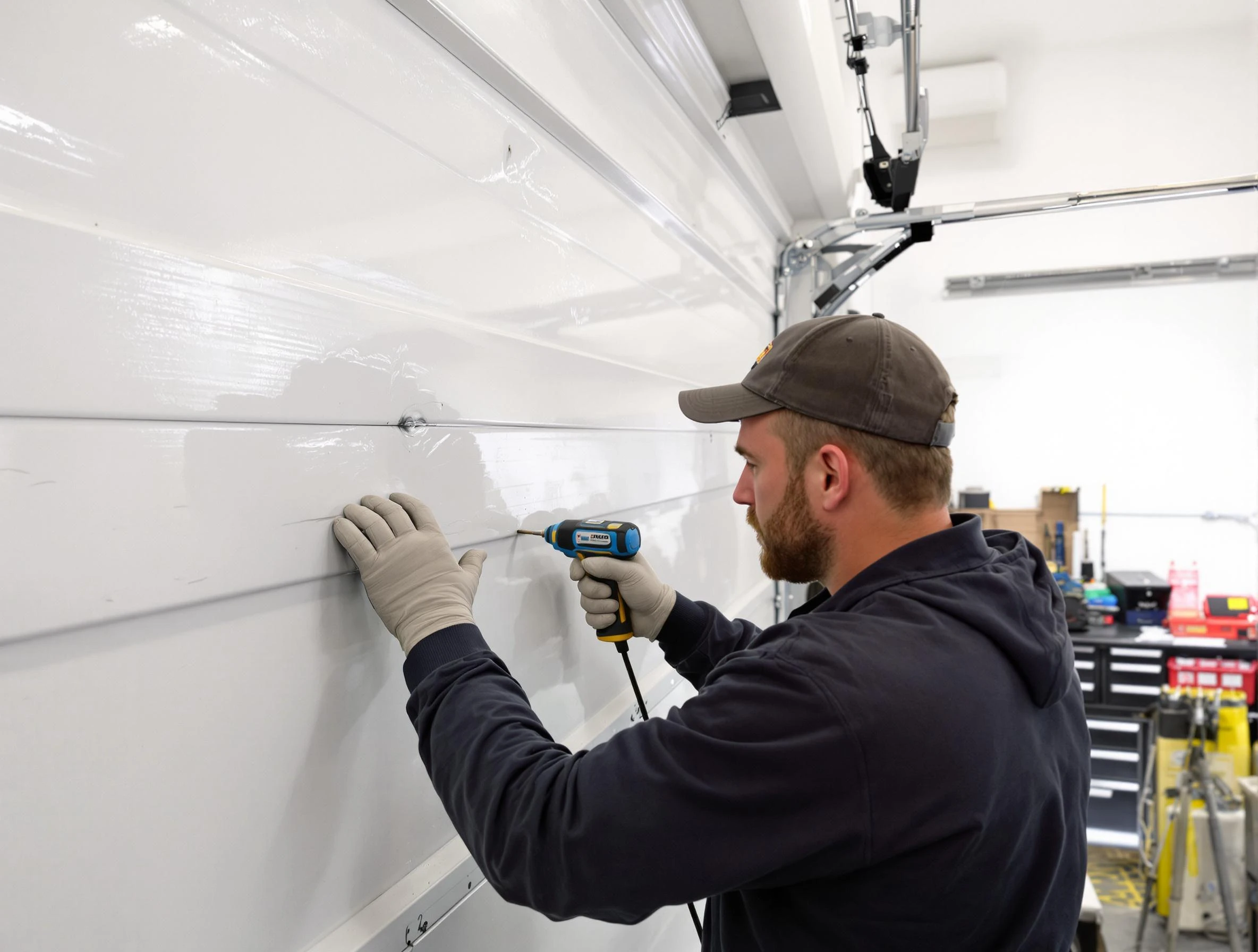 North Huntingdon Garage Door Repair technician demonstrating precision dent removal techniques on a North Huntingdon garage door